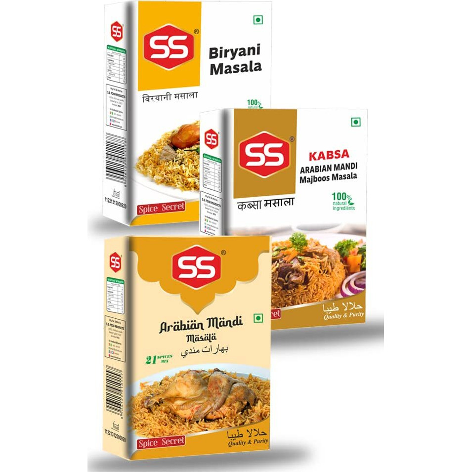 SS Masalas Combo Pack. Arabian Mandi Masala, Kabsa Majboos Masala and Biryani Masala 100g each