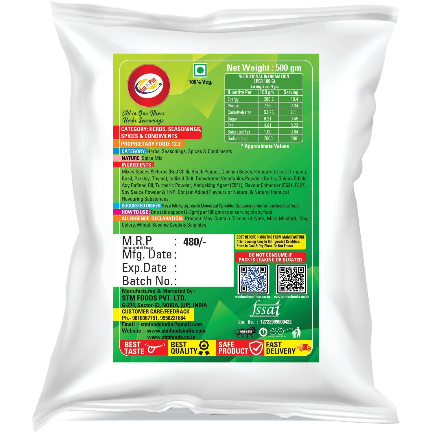 Am 2 Pm - All-in-One Mix Herbs Seasoning 500 gms, Italian Seasoning, Pizza Seasoning, Chilli Flakes, Taste & Spices