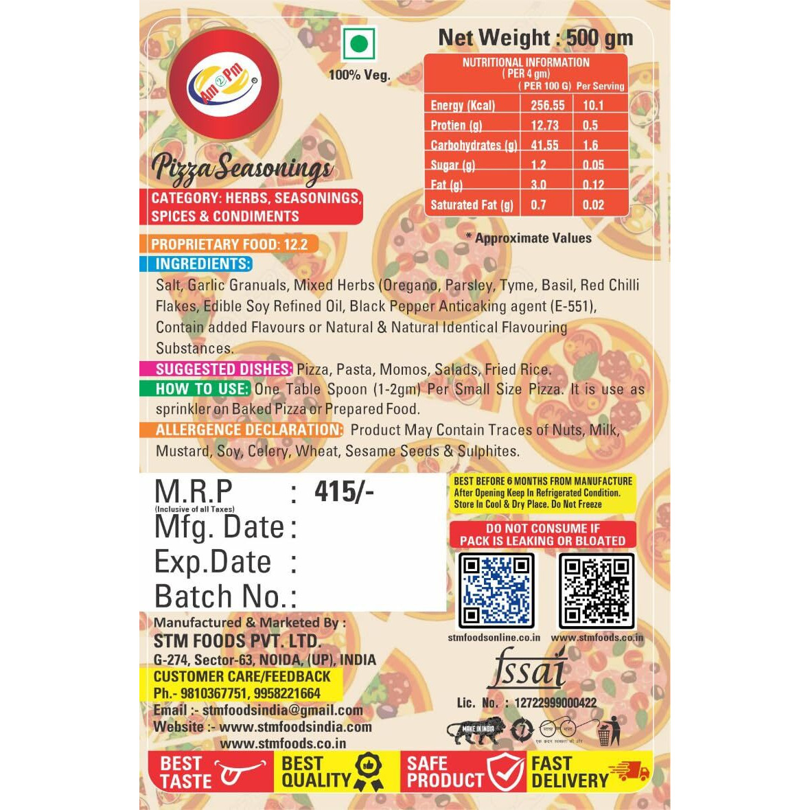 Am 2 Pm - Pizza Seasoning 500gm, Italian Spice Blend for Pizza, Pasta Premium Herbs and Spices Pizza and Pasta