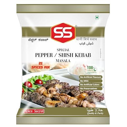 SS Masalas Pepper Kabab Powder 500g. Ready Mix for Pepper Kebab, Seekh Kebab, Shish kabab, Pepper Chicken 65 Recipes.