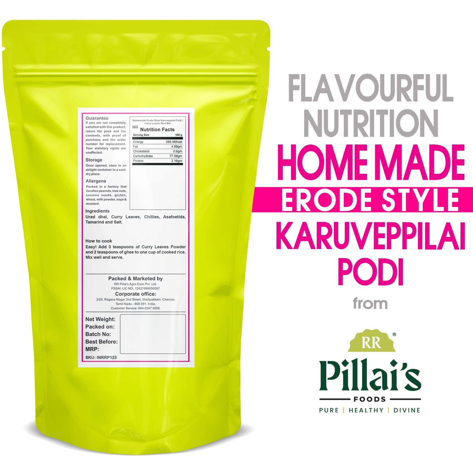 RR PILLAIS Homemade Erode Style Karuveppilai Podi/Curry Leaves Rice Mix - 100grams (Pack of 1) with Ziplock Packing