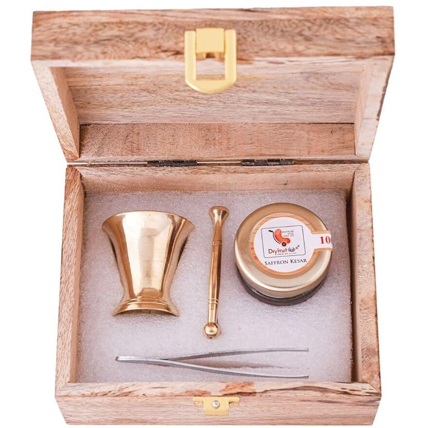 DRY FRUIT HUB Saffron Kesar 2Gm Kesor | Kungumapoo Kashmir Zafran | Keshar | Pregnant Women With Purity Certificate With Antique Wooden Gift Box With Brass Okahlee (Mortar And Pestle) And Plucker