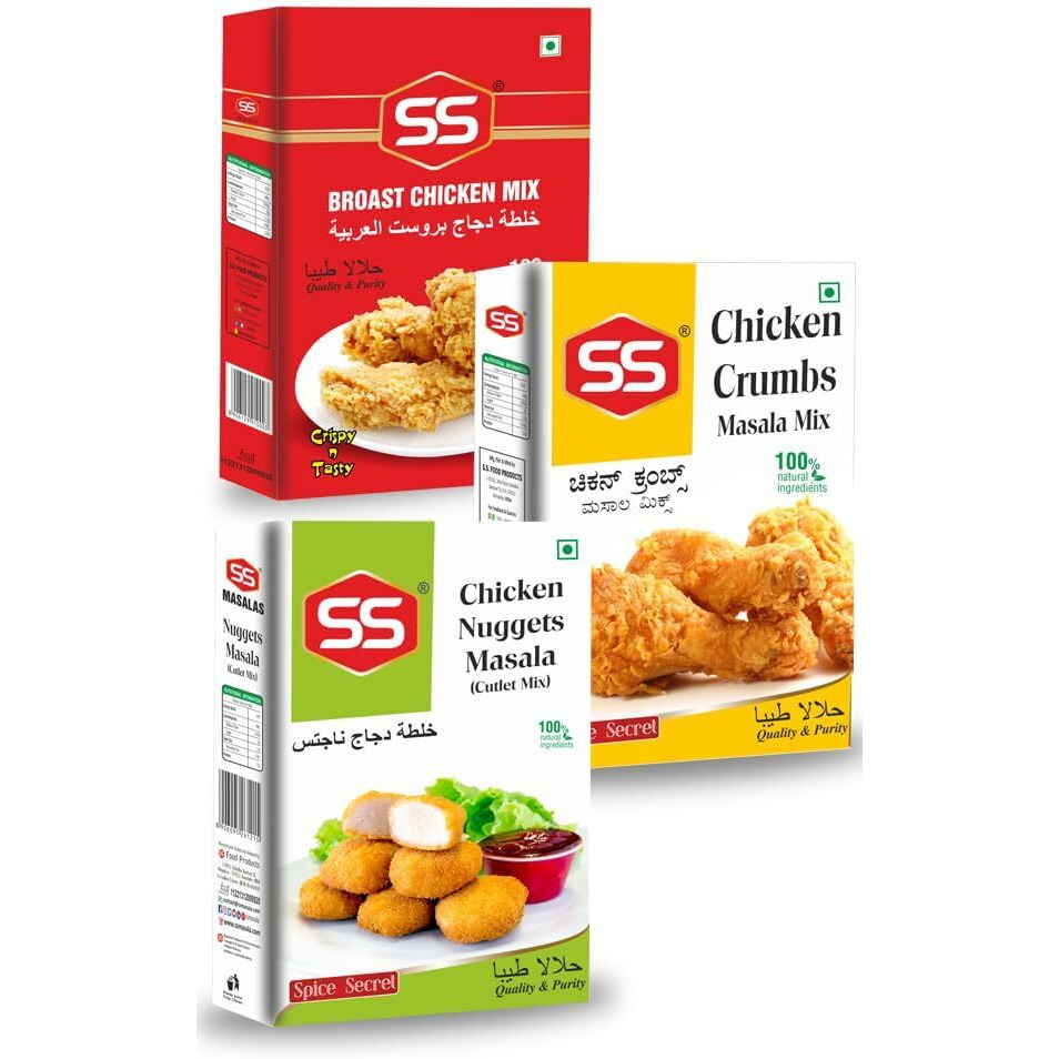 SS Masalas Broast Chicken Mix, Chicken Crumbs and Nuggets Masala 100g each. Crispy fried chicken coating masala mix combo