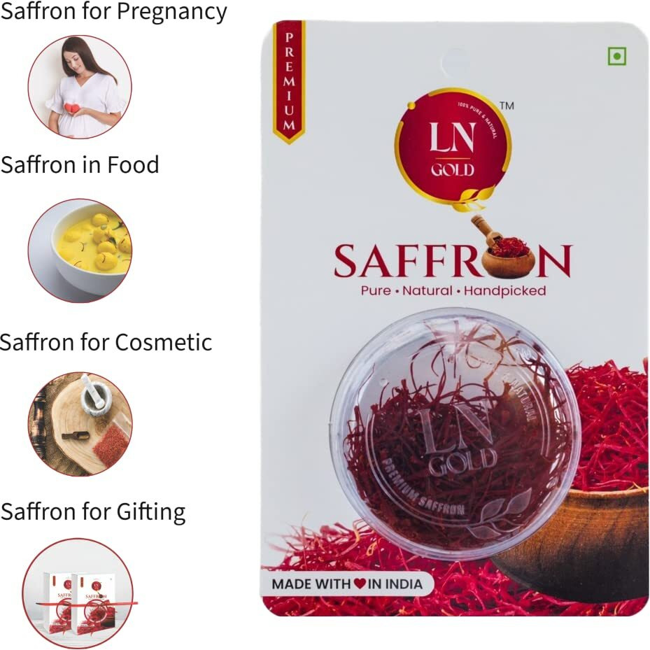 LN Gold Saffron 1 Gram Organic Natural Safron/Kesar/Zafran - Premium Kashmiri Mongra Saffron/Kesar - ISO and Grade A Certified for Kashmiri Kumkuma Puvvu/Keshar Original Pregnant Women ,baby, Beauty, Biryani and Sweets (VALUE PACK OF 2grams (2X1gram  2grams))