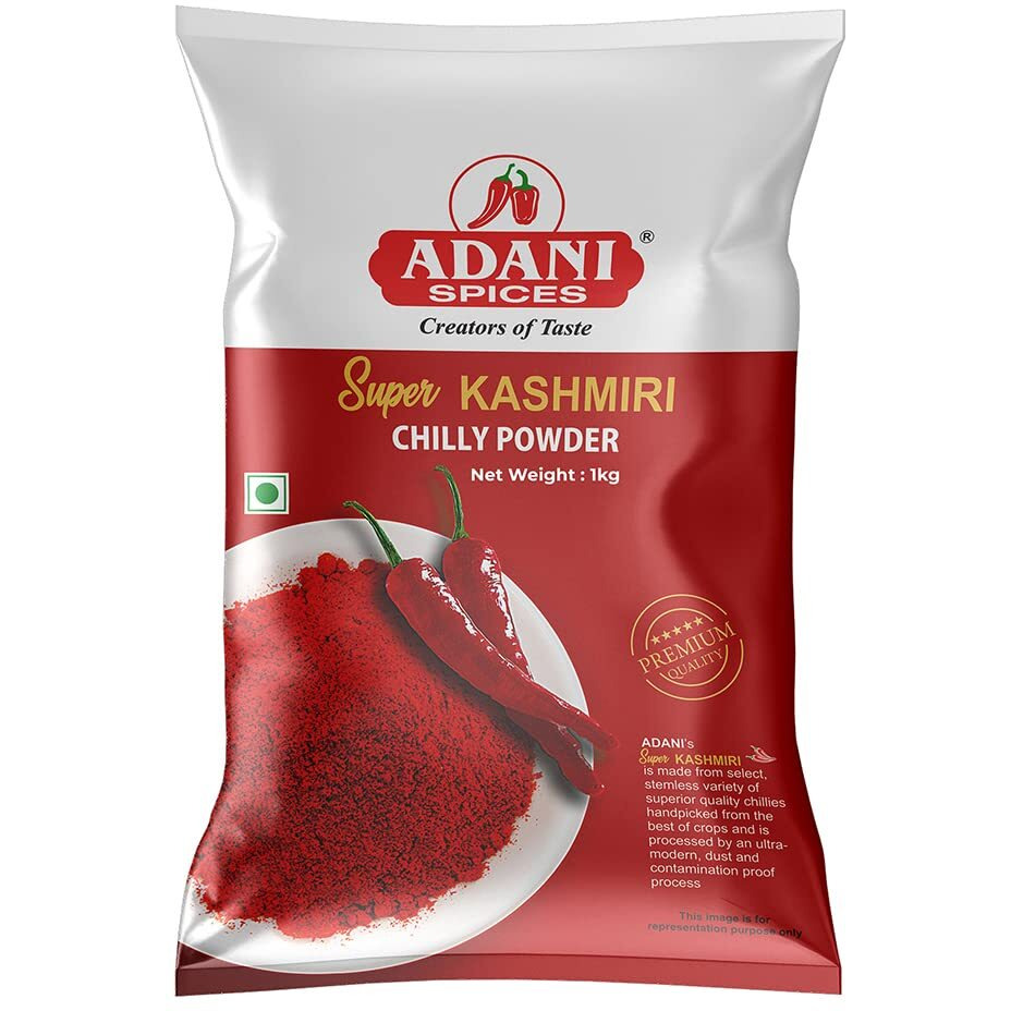 Adani Spices Super Kashmiri Red Chilli | Chilly Powder, 1kg -100% Natural | No Added Color | No Added Preservatives