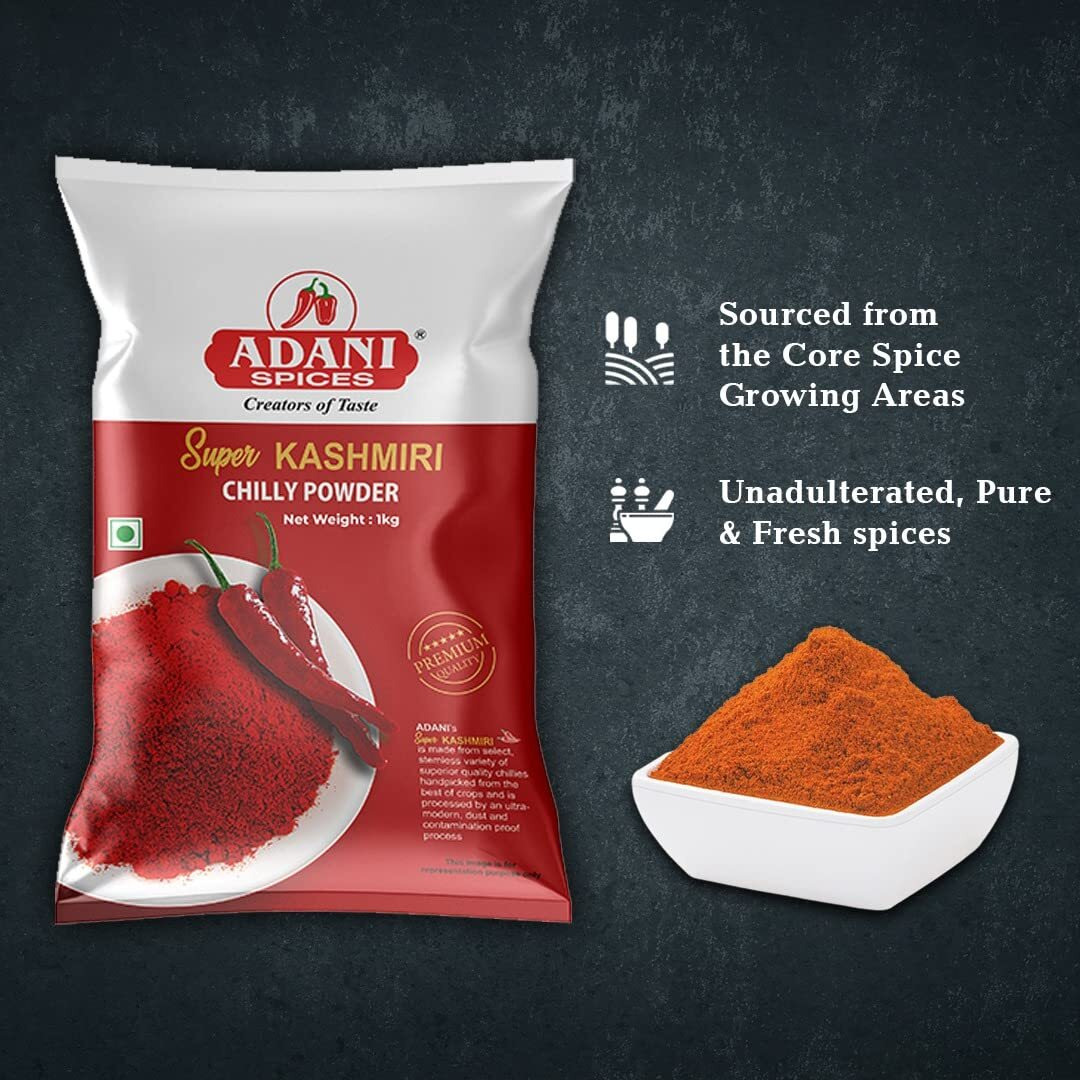 Adani Spices Super Kashmiri Red Chilli | Chilly Powder, 1kg -100% Natural | No Added Color | No Added Preservatives