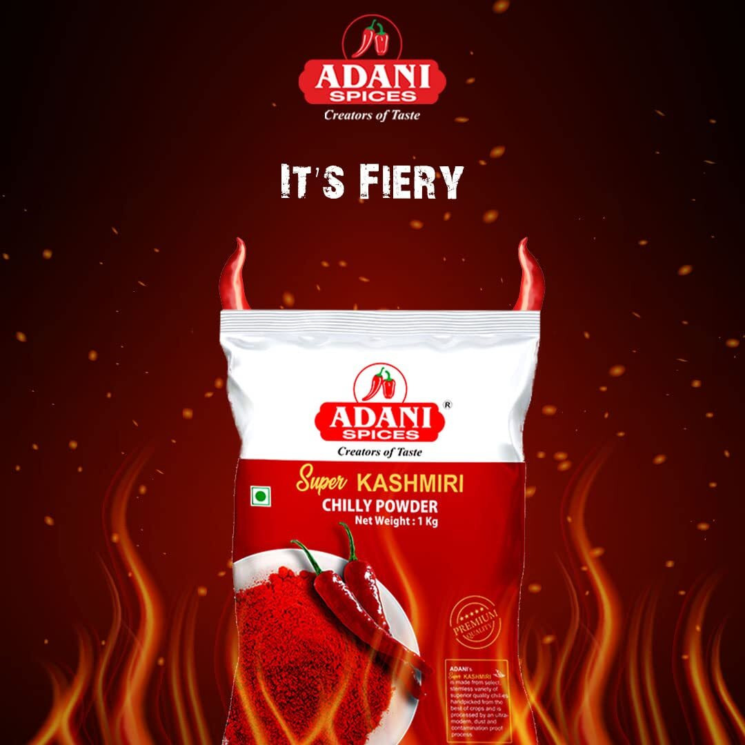 Adani Spices Super Kashmiri Red Chilli | Chilly Powder, 1kg -100% Natural | No Added Color | No Added Preservatives