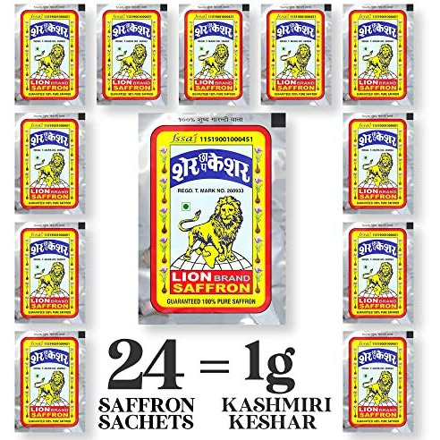 LION BRAND SAFFRON, Single Use Saffron Sachets/Packets With Pure Kashmiri Saffron/Keshar/Kesar For Bhai Dooj, Tilak, Kesar Tikka And Puja (24 Sachets  1Gm)