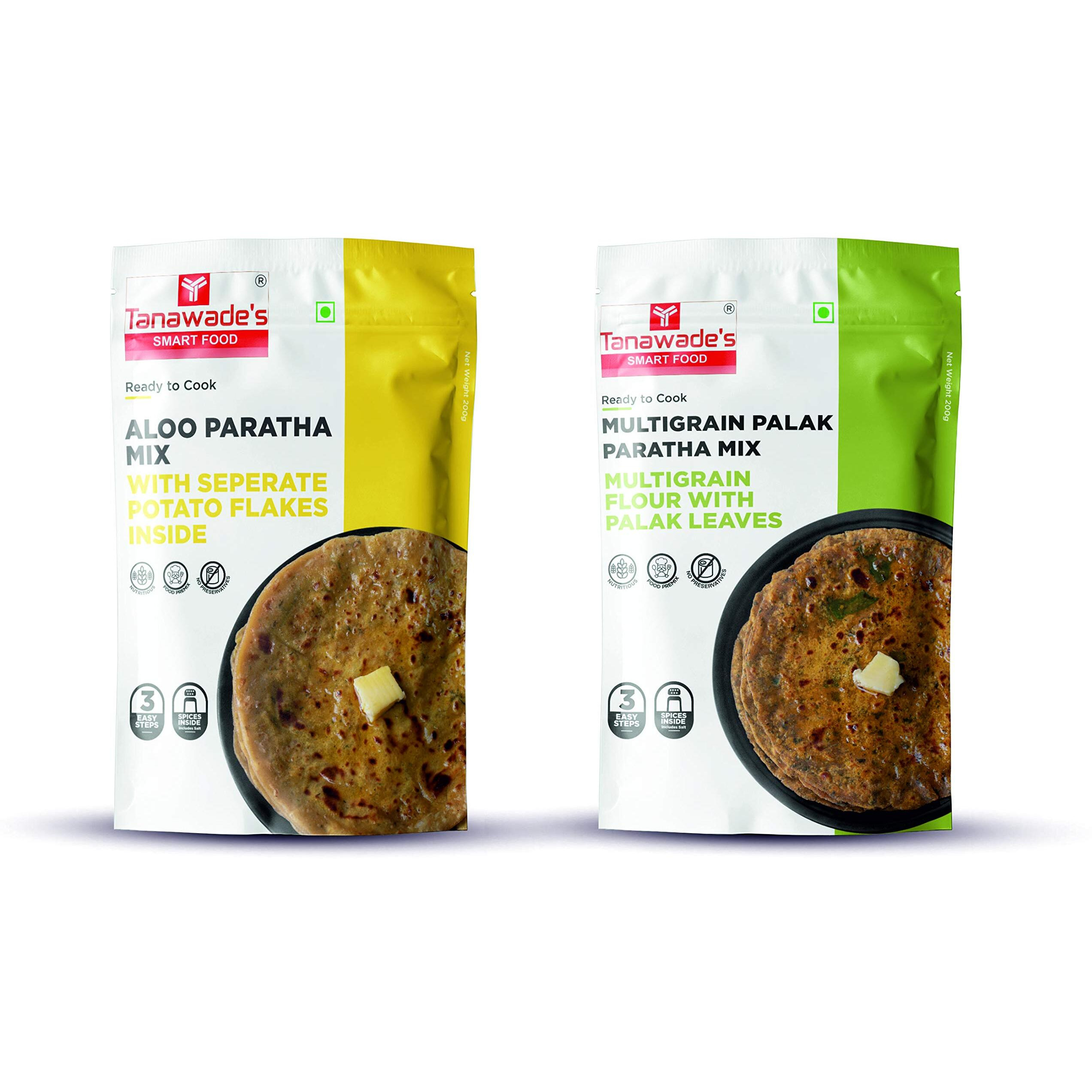 Tanawades Smart Food Paratha Combo, Instant Aloo Paratha, Palak Paratha Mix, Ready to Cook, Home Food with Hand Picked Flavours, Pack of 2 (one of Each)