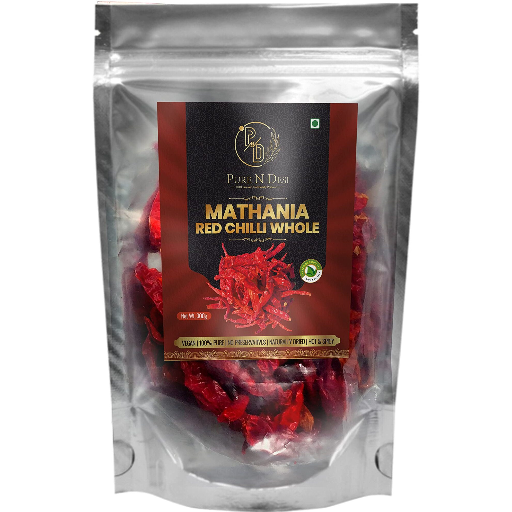 PURE N DESI Original Rajasthani Dried Mathania Whole Chilies Without Stems- Hand Picked/Sun Dried/Organically Produced/Authentic Marwari Taste - 300 Grams, Vegetable Masala