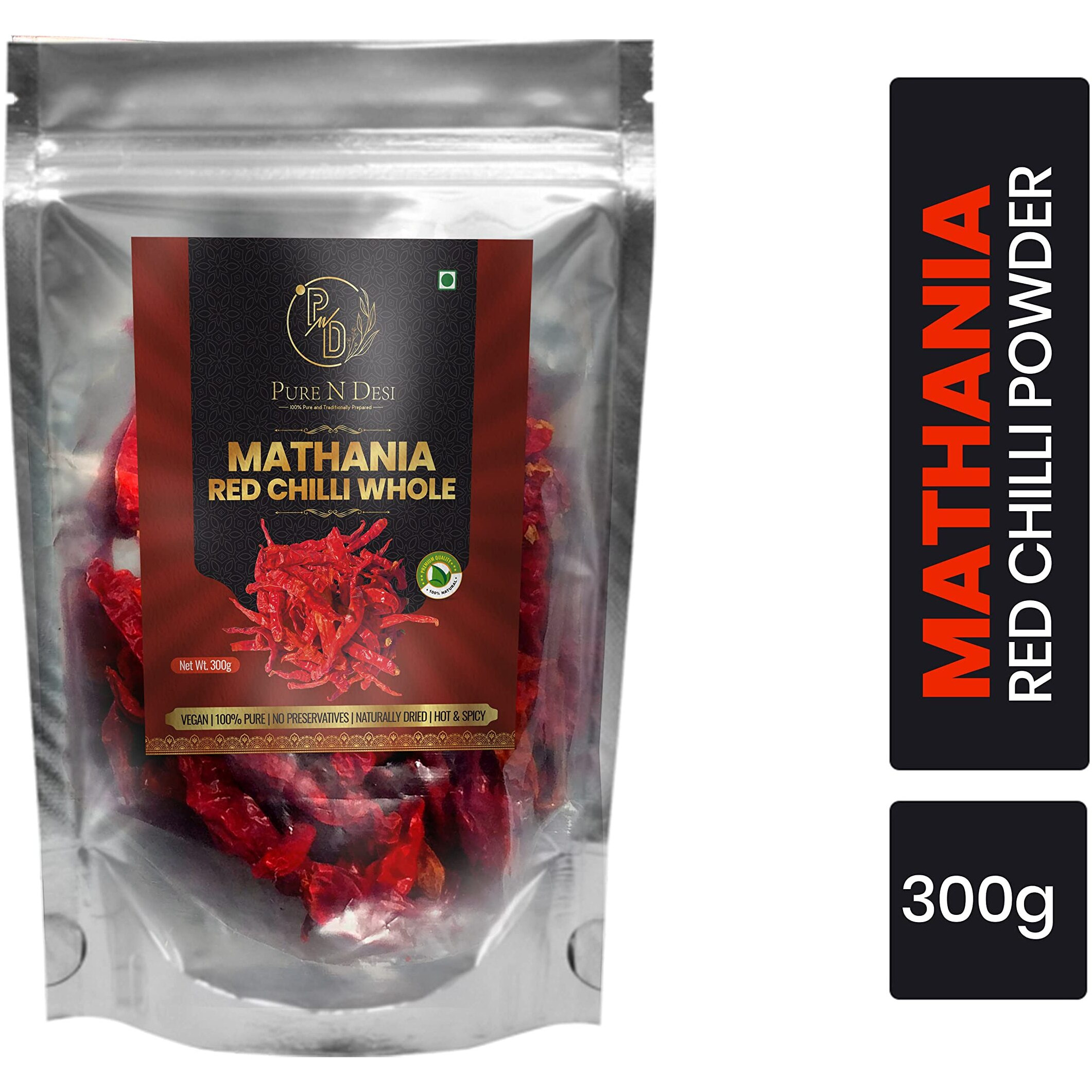 PURE N DESI Original Rajasthani Dried Mathania Whole Chilies Without Stems- Hand Picked/Sun Dried/Organically Produced/Authentic Marwari Taste - 300 Grams, Vegetable Masala