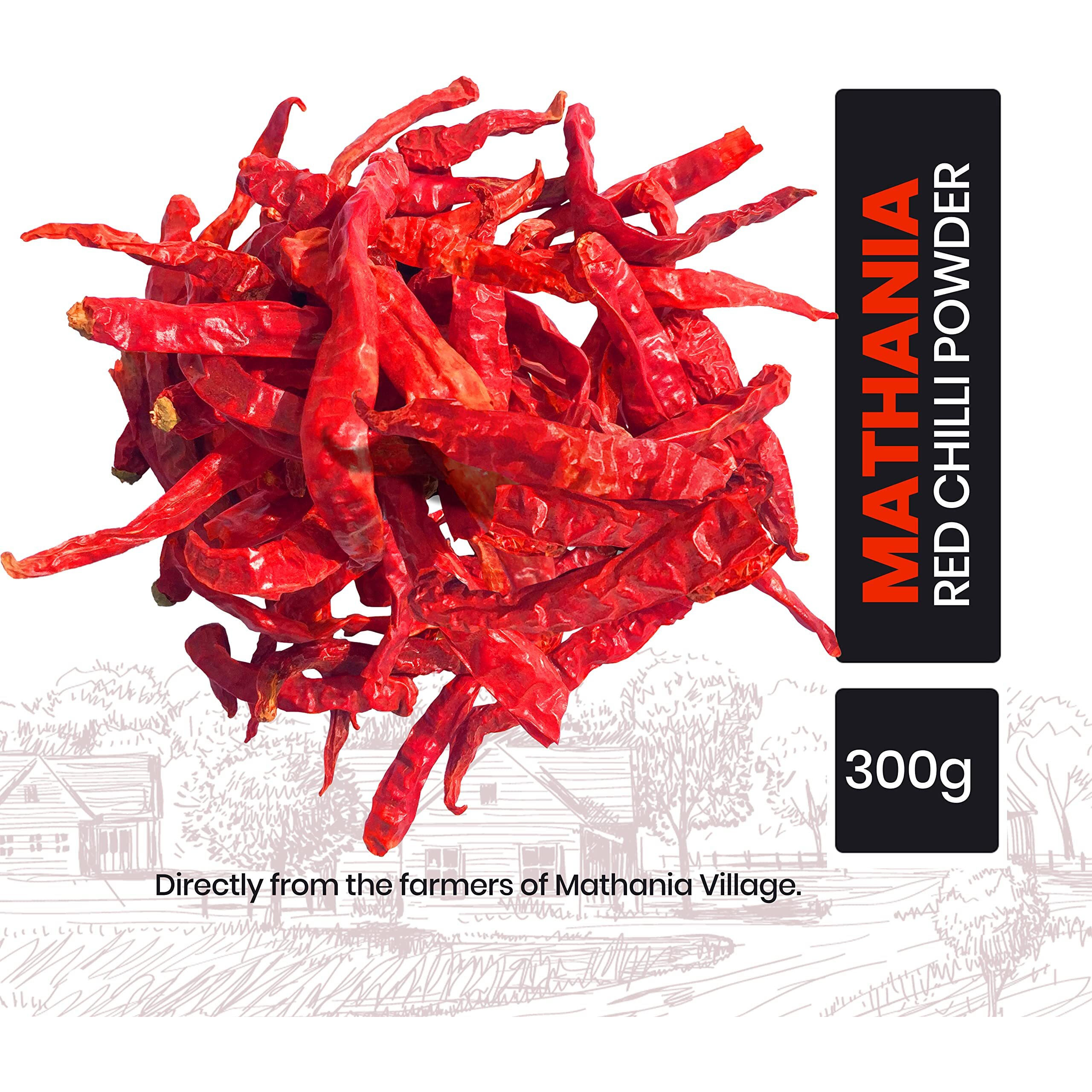 PURE N DESI Original Rajasthani Dried Mathania Whole Chilies Without Stems- Hand Picked/Sun Dried/Organically Produced/Authentic Marwari Taste - 300 Grams, Vegetable Masala