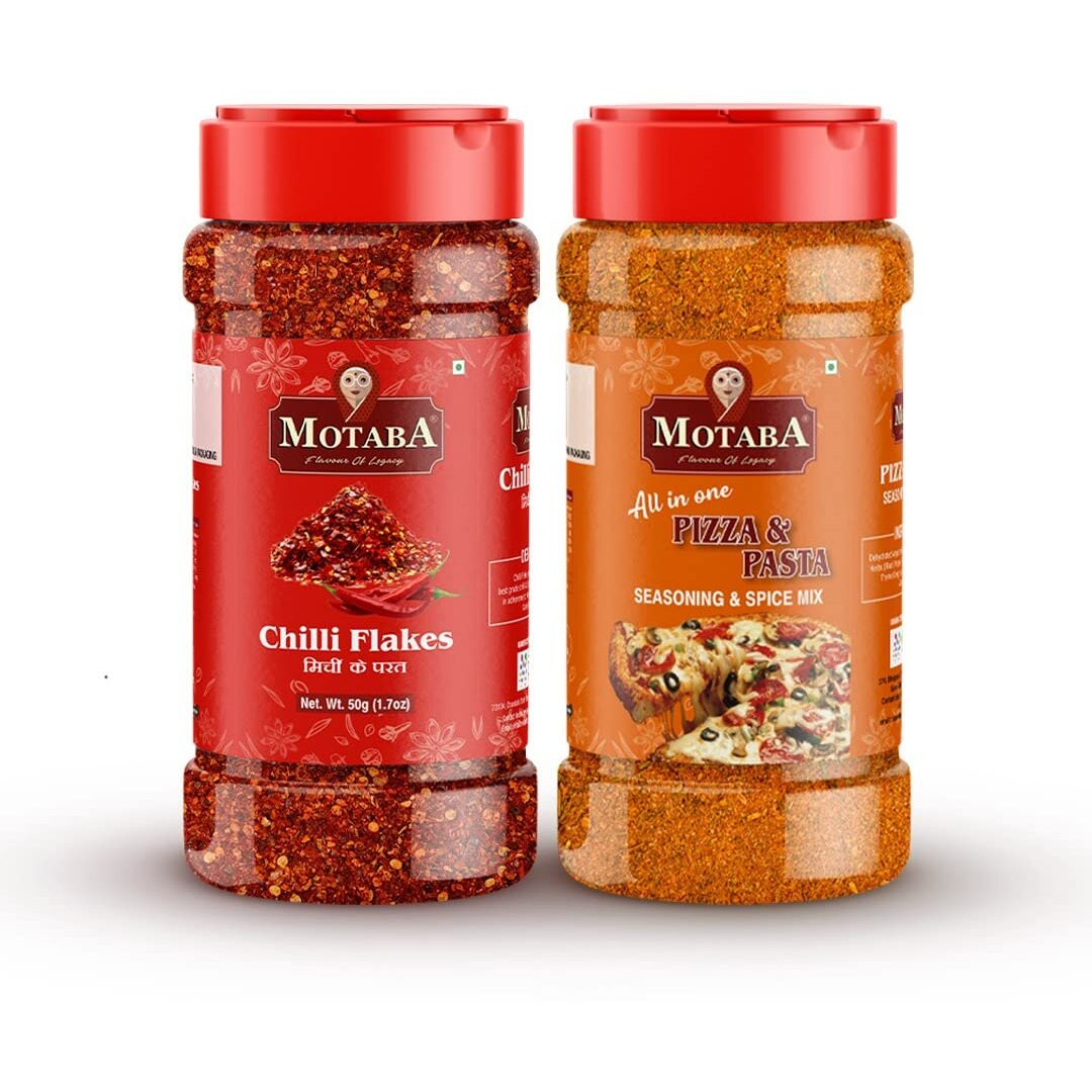 MOTABA Pizza Seasonings 70g, Chilli Flakes 50g | Premium Mixed Herbs | Italian Pizza Seasonings 70gm | Italian Pizza Chilli 50gm | Pack of 2(70g, 50g Pack of 2)