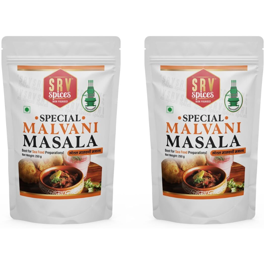 SRV Spices Special Malvani (Malwani) Masala| Coastal Region Masala| Sea Food Specialist| Spices,Taste of 57 years of Experience| 24 Hand Picked Ingredients (250 Gm, Pack of 2)