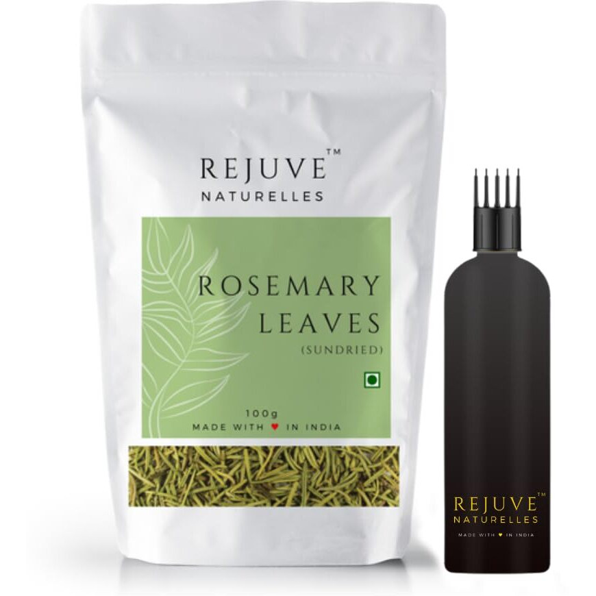 Rejuve Naturelles Sun Dried Rosemary Leaves - 100 Gm with 200ml PET Bottle and Hair Comb Applicator | Rosemary for Food, Hair Growth, Herbal Tea, Skincare (100 g (Pack of 1))