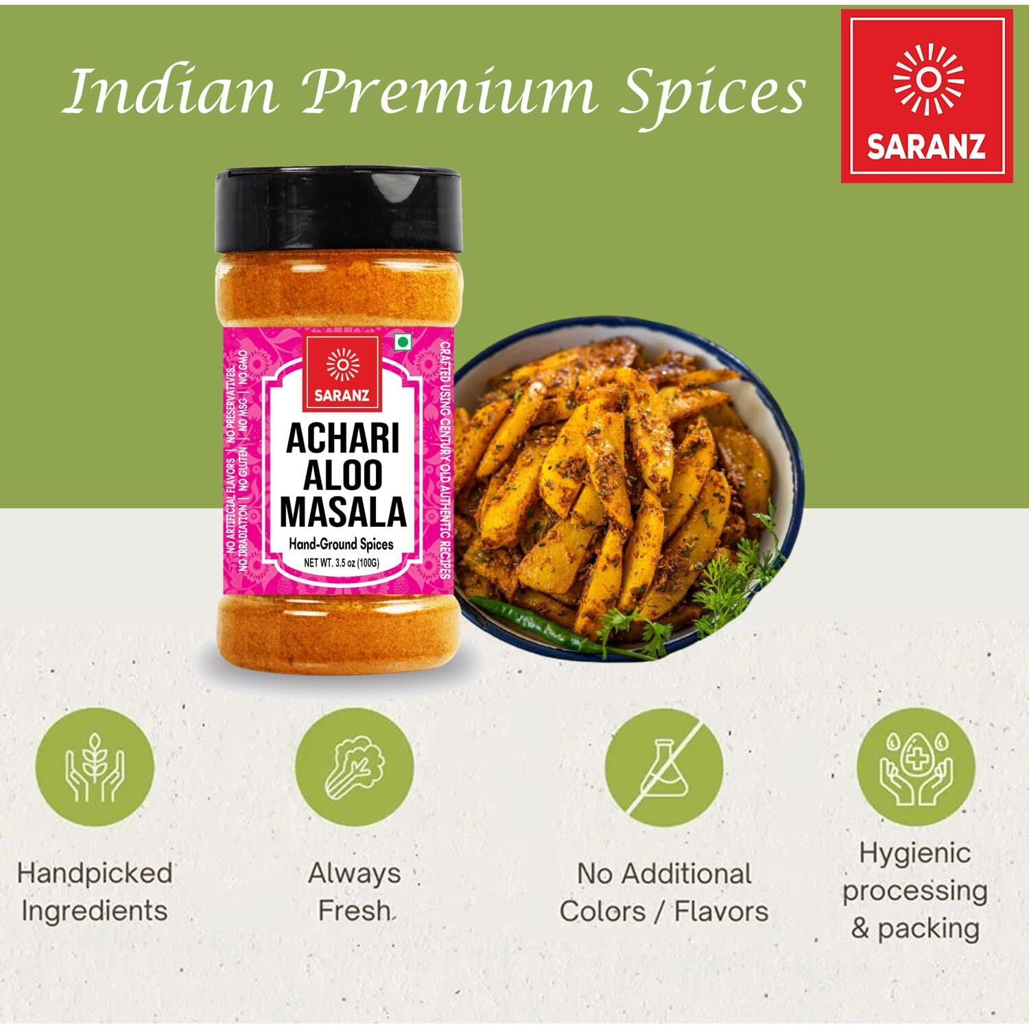 SARANZ Achari Aloo Masala Special Cooking Masala, Kashmiri Dum Aloo Masala, Premium Artisanal Spices with Rich & Strong Flavour, 100 Grams Bottle, No Added Colors, Spice Powders, and Masalas