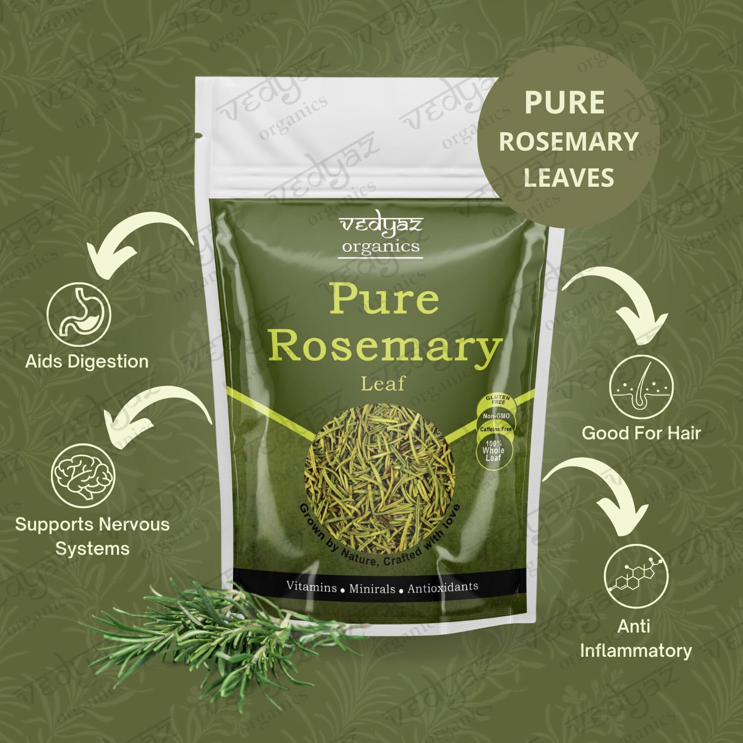 Vedyaz Organics Rosemary Dried Leaves For Hair Growth - Organic Rosemary herbal tea/Rosemary for cooking (100 Gm)