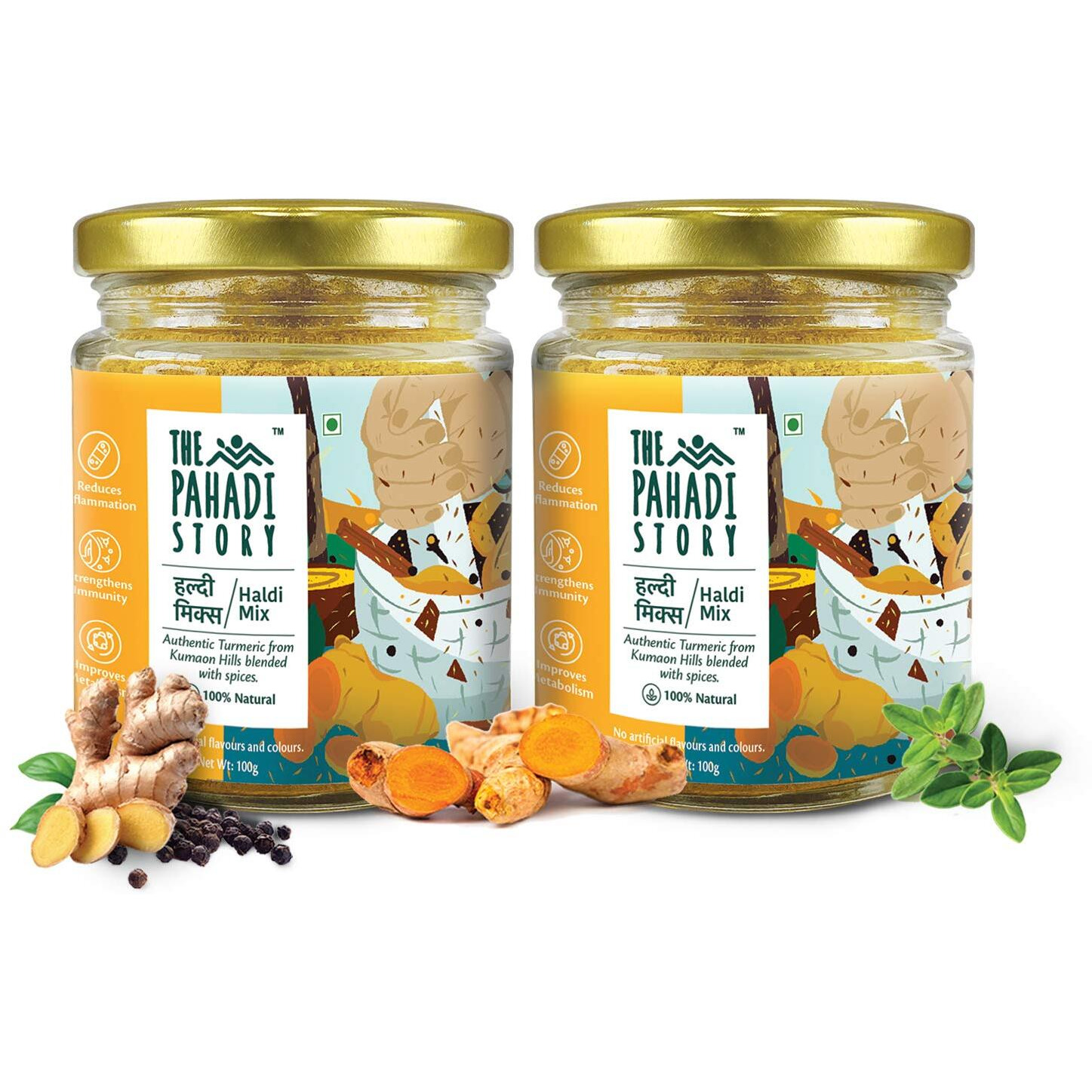 The Pahadi Story Haldi Mix (100 gms) - Pack Of 2 | 100% Natural | Turmeric Latte | Natural Immunity Booster | Golden Turmeric Milk