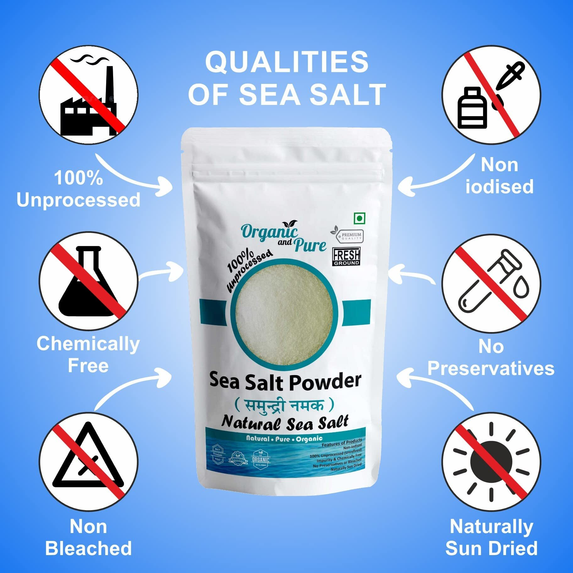 Organic and Pure Sea Salt Powder (Arabian/Indian) | Samundari Namak Powder | Non-Iodised | for Cooking/Baking/Scrub/Vastu | Unrefined & Chemical Free| Pure Organic 100g