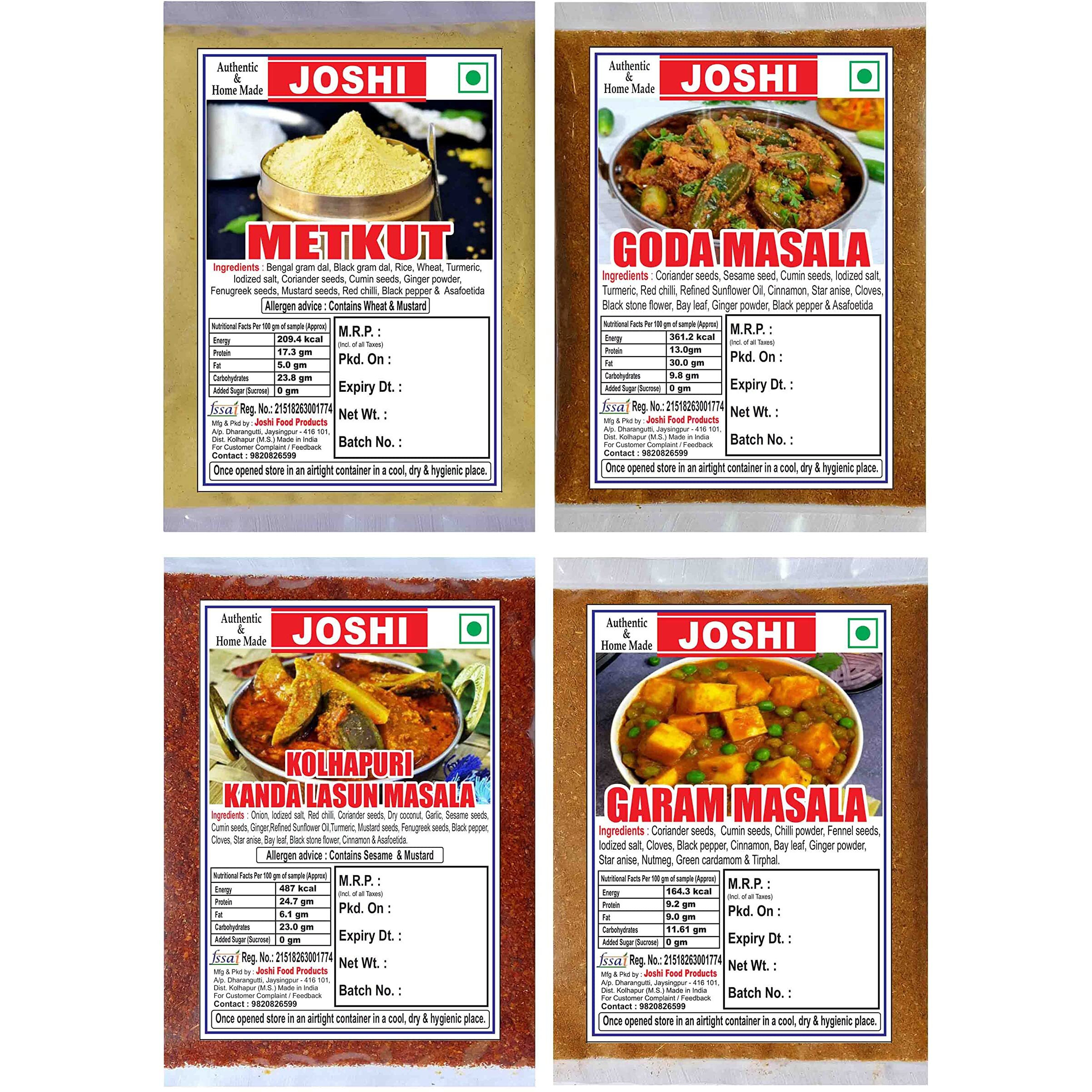 Joshi Metkut 50g Goda Masala 50g Kolhapuri Kanda Lasun Masala 50g Garam Masala 50g Masala Combo Pack 200g Authentic & Homemade