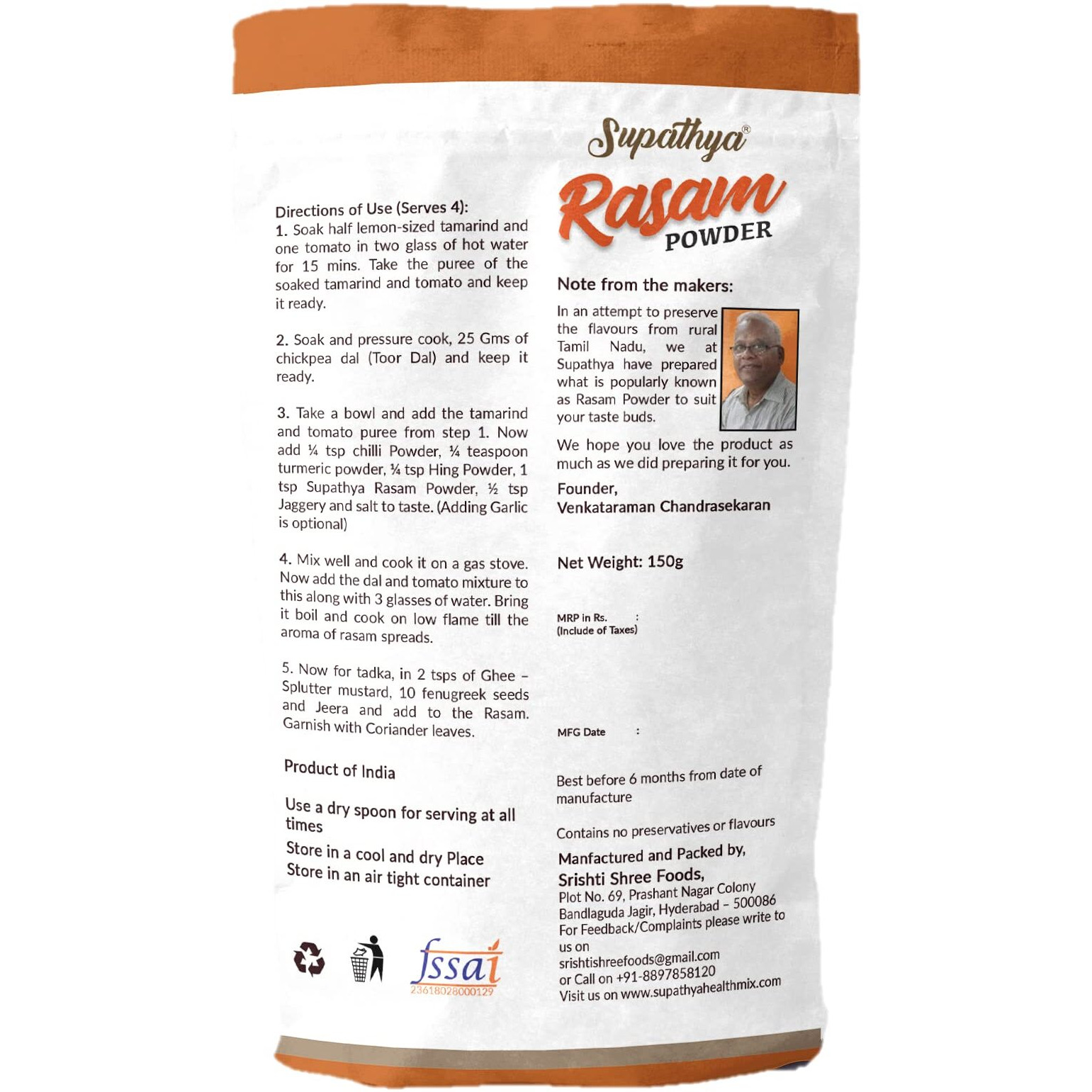 Supathya Authentic Rasam Podi Powder Masala - Traditional South Indian Spice Blend for Flavorful Rasam Soups-150g