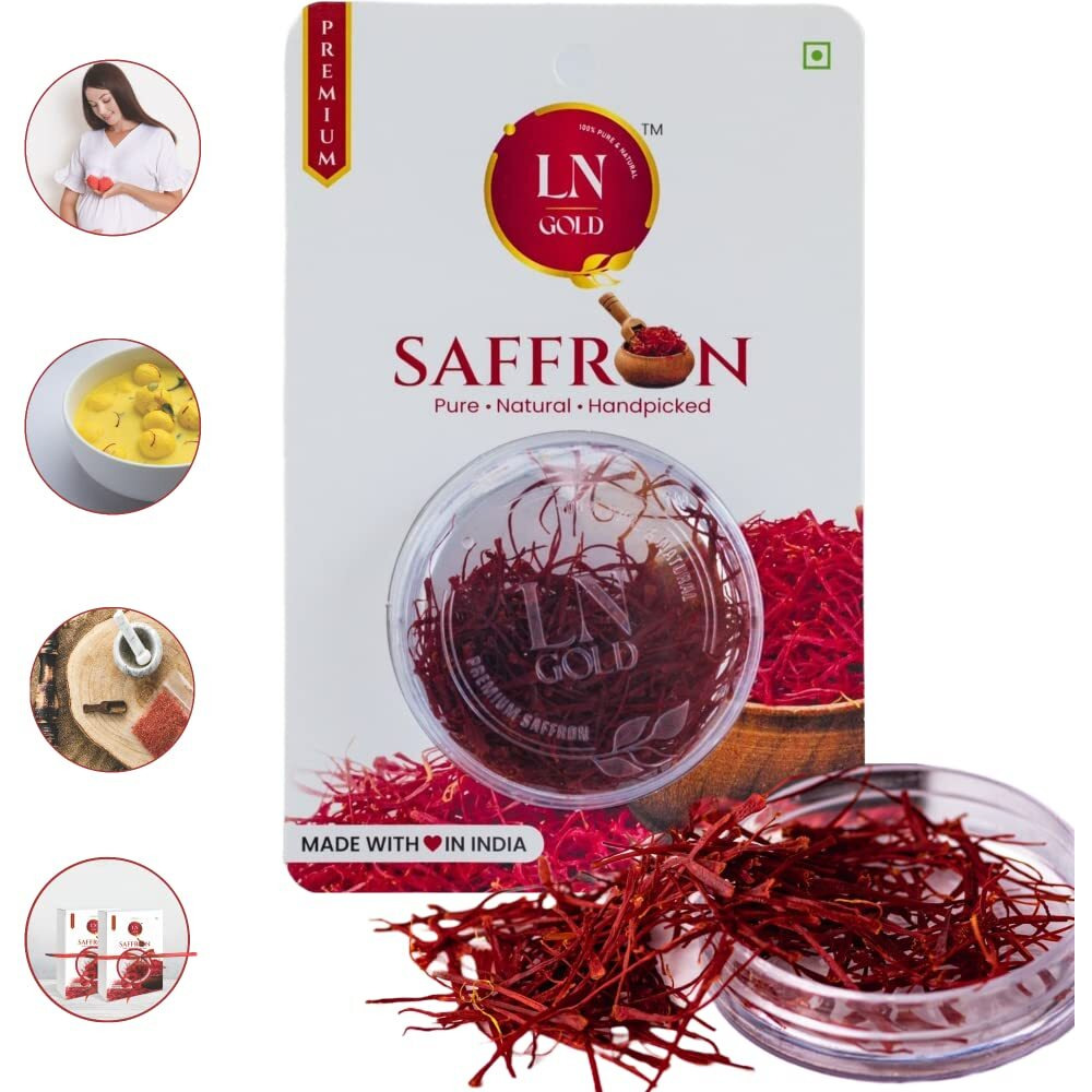 LN Gold Saffron, 1.5 Grams, A+++ Original Premium Kashmiri Mongra Saffron/Kesar/Keshar/Zafran for Pregnant Women, new born baby, kids, Kesar Biryani, Milk, Badam Milk, Tea and Gifting. Pure and fresh safron threads best suited for skin care, face, cosmetic and nutritional purpose. (PACK OF 3 (3 X 0.5grams  1.5 GRAMS))