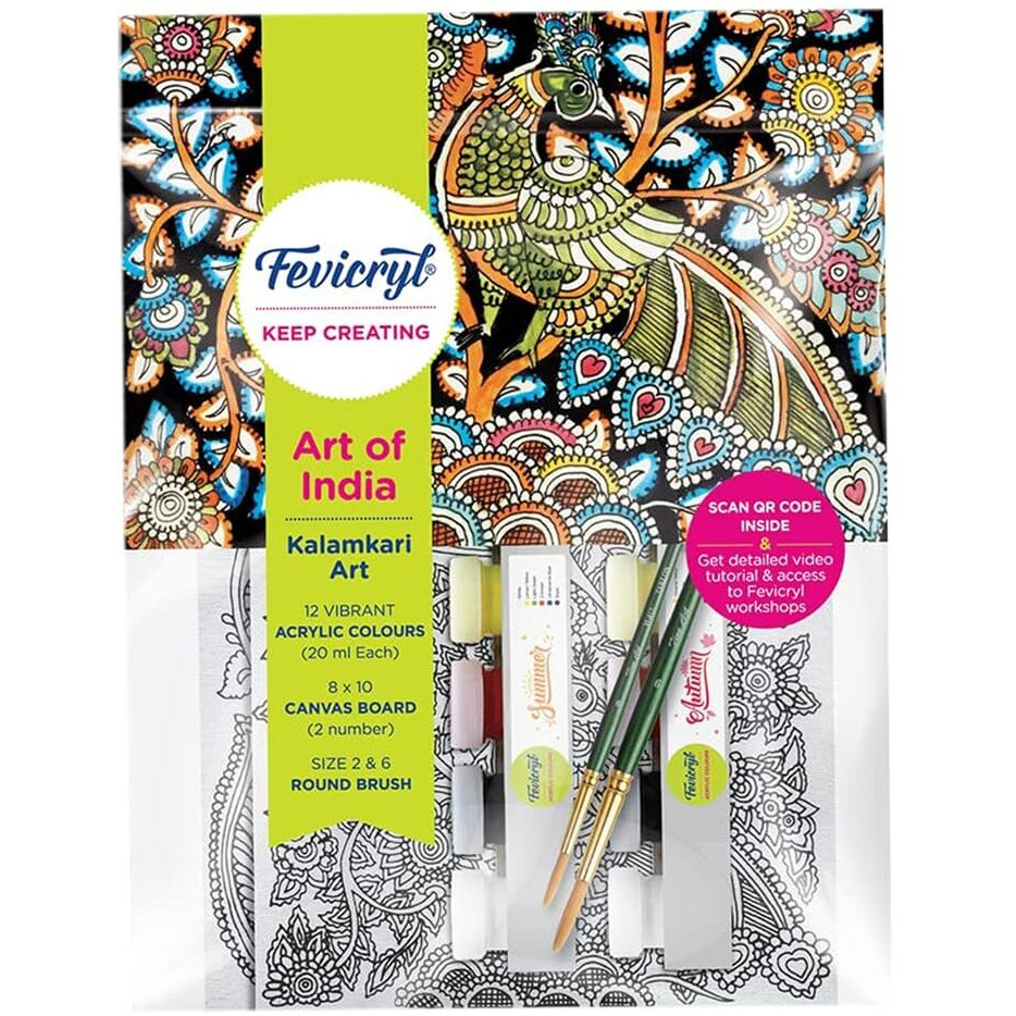 Fevicryl DIY Art of India Kalamkari Art | Acrylic Paints 12 Shades| Set of 2 Round Brushes | Pre-Designed Canvas 8''x10'' | For Artists, Students, Children | Best Gift for Children above 10 years| Painting Kit with Workshop Included