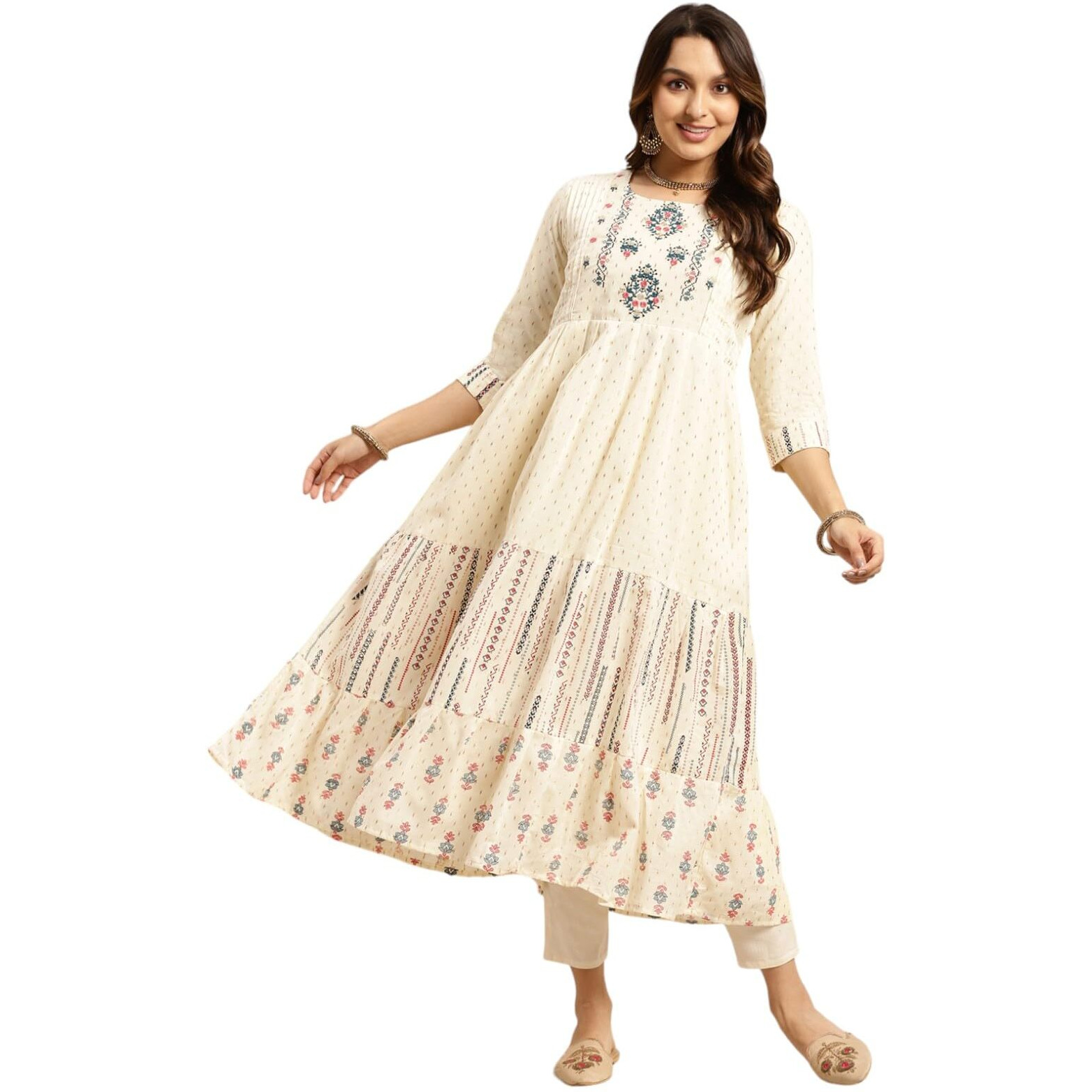 rangita Off White Cotton Calf Length Embroidered Anarkali Kurti for Women | Kurta for Women_L