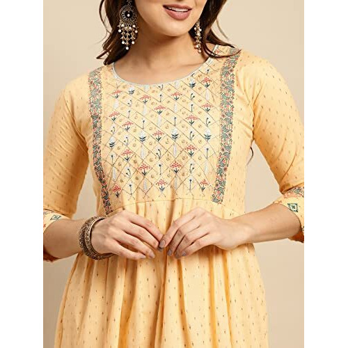 rangita Beige Cotton Calf Length Embroidered Anarkali Kurti for Women | Kurta for Women_L