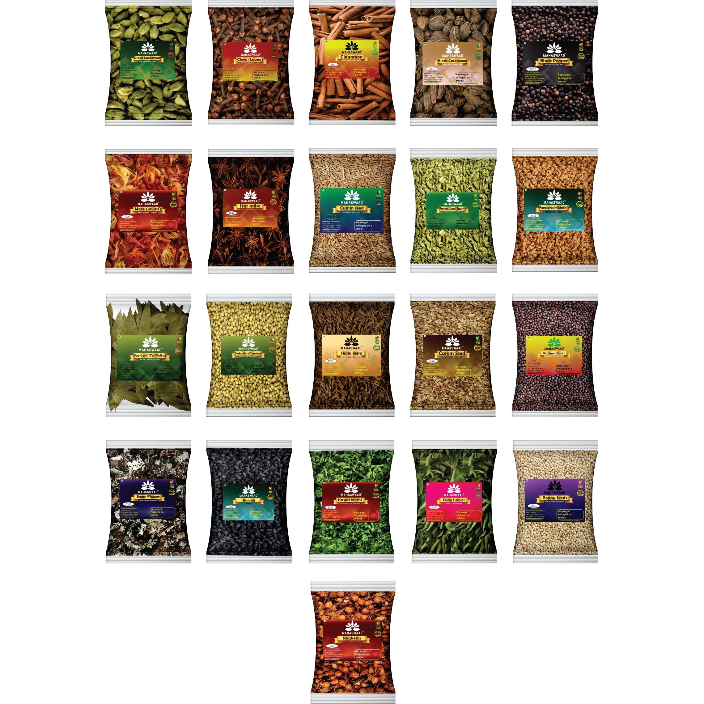 MAHASWAAD Whole Indian Garam Masala Combo Pack, Aromatic Fresh Spices Combo (Set Of 21 Spices)