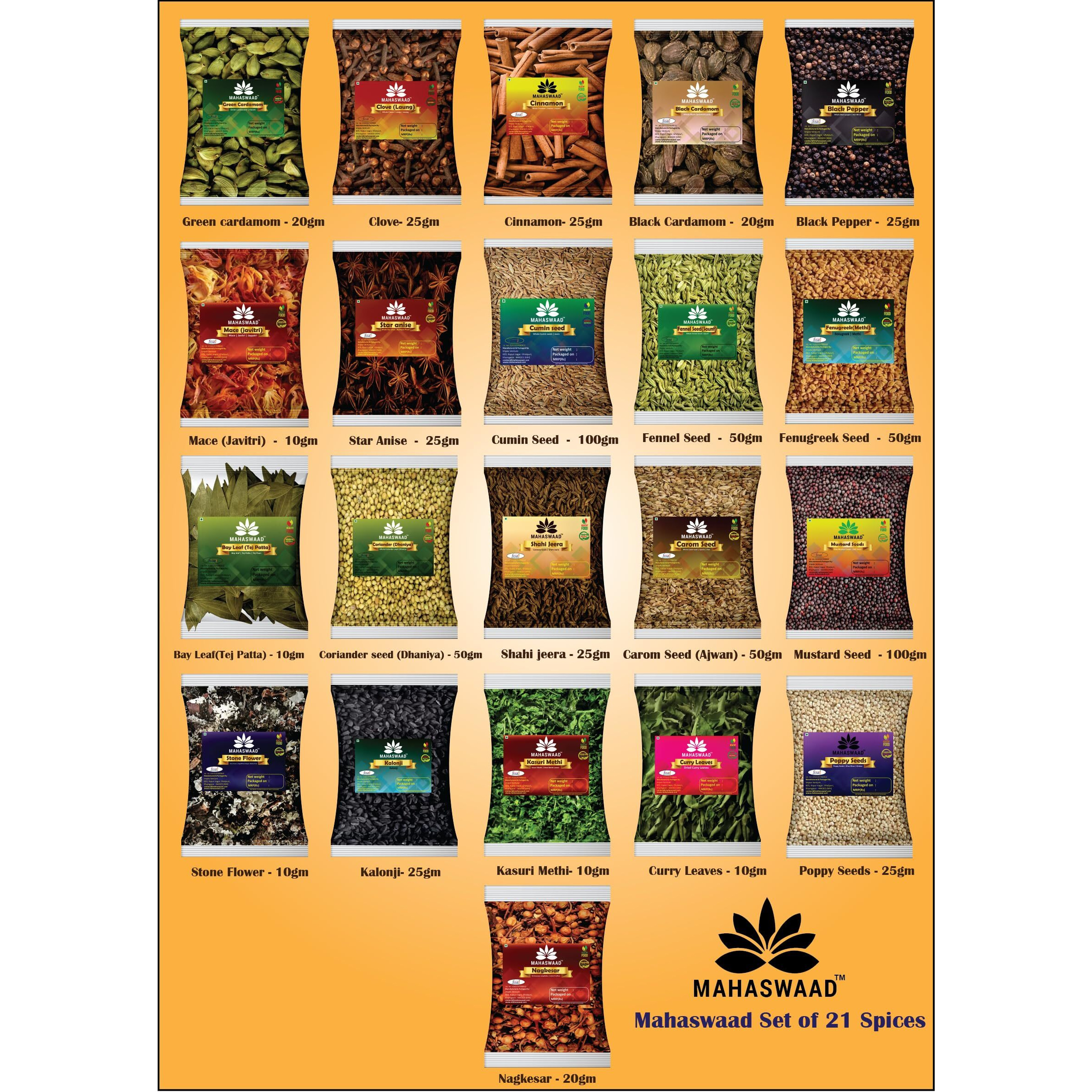 MAHASWAAD Whole Indian Garam Masala Combo Pack, Aromatic Fresh Spices Combo (Set Of 21 Spices)