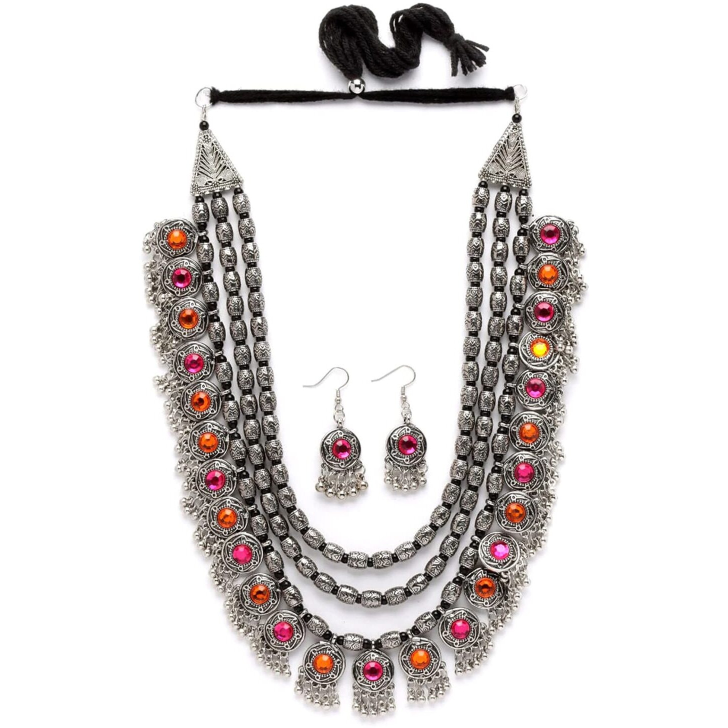 Shining Diva Fashion Latest Stylish Fancy Oxidised Silver Tribal Necklace Jewellery Set for Women (12164s), Multicolour, One