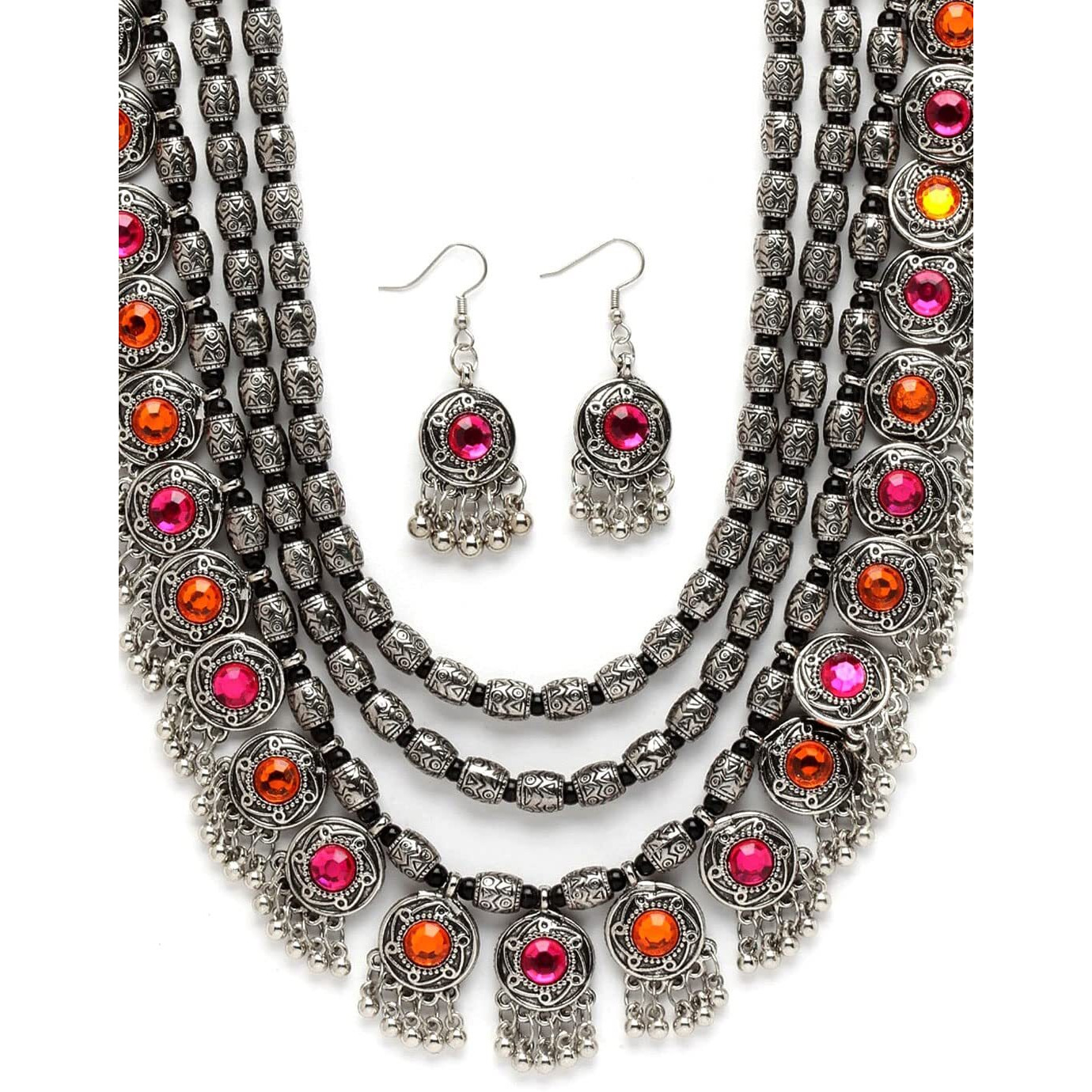 Shining Diva Fashion Latest Stylish Fancy Oxidised Silver Tribal Necklace Jewellery Set for Women (12164s), Multicolour, One