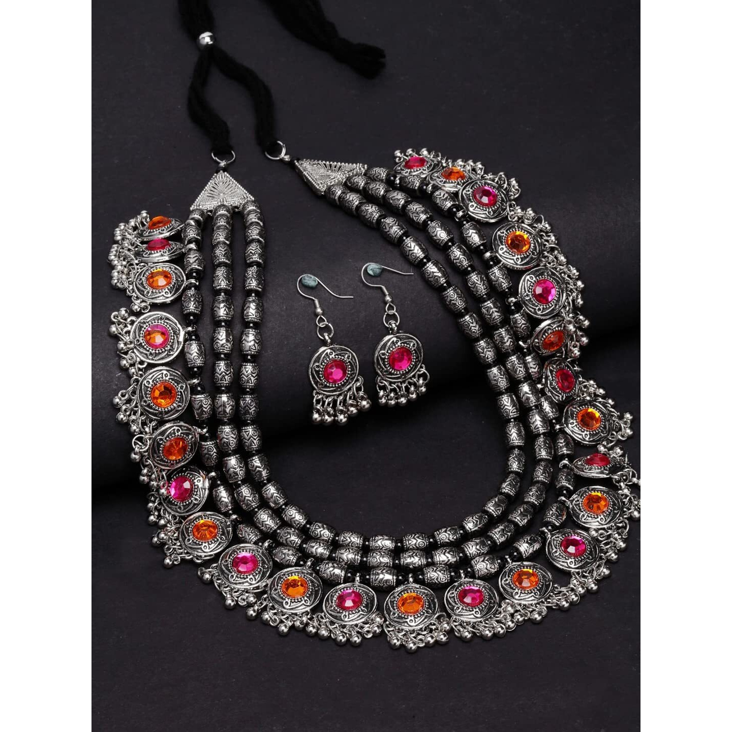 Shining Diva Fashion Latest Stylish Fancy Oxidised Silver Tribal Necklace Jewellery Set for Women (12164s), Multicolour, One