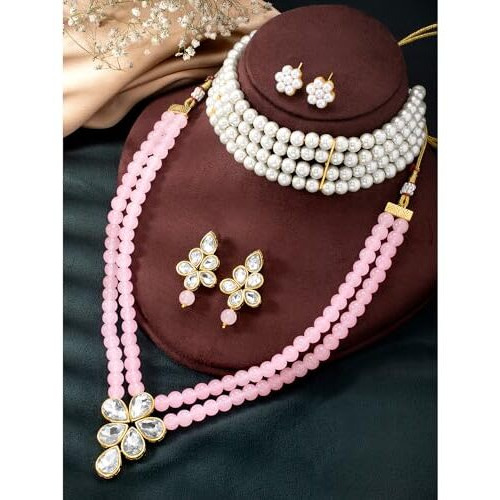 Peora Gold Plated Crystal Pearl Long Necklace with Drop Earrings Traditional Ethnic Jewellery Set for Women Girls | Pink & White