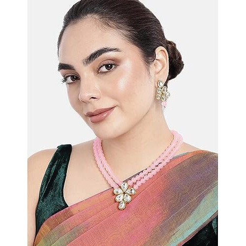 Peora Gold Plated Crystal Pearl Long Necklace with Drop Earrings Traditional Ethnic Jewellery Set for Women Girls | Pink & White