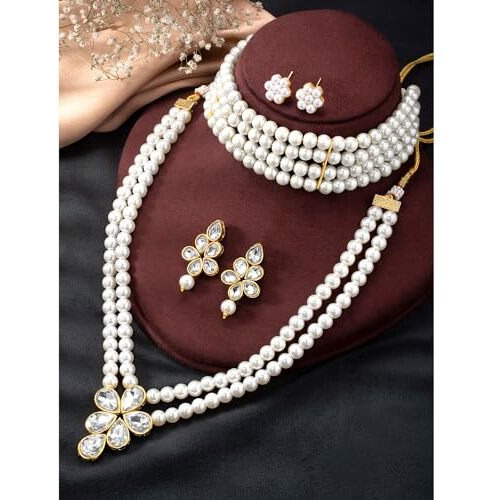 Peora Gold Plated Crystal Pearl Long Necklace with Drop Earrings Traditional Ethnic Jewellery Set for Women Girls | White