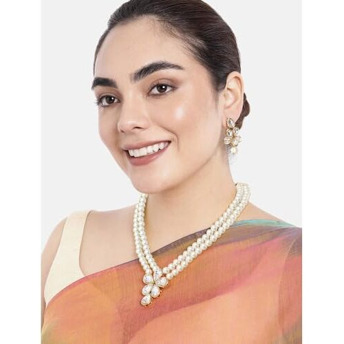 Peora Gold Plated Crystal Pearl Long Necklace with Drop Earrings Traditional Ethnic Jewellery Set for Women Girls | White