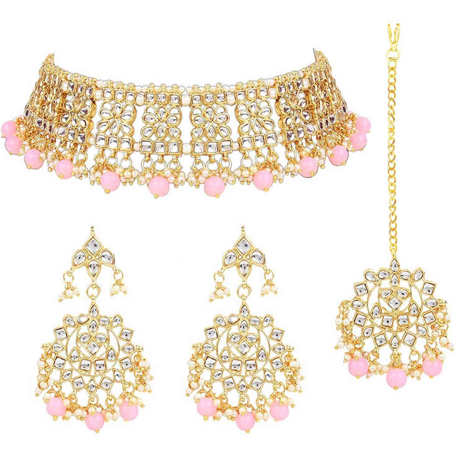 Peora Ethnic Indian Traditional Jewellery 18K Gold Plated Kundan Necklace Earring Mang Tikka Set for Women Girls (Pink)