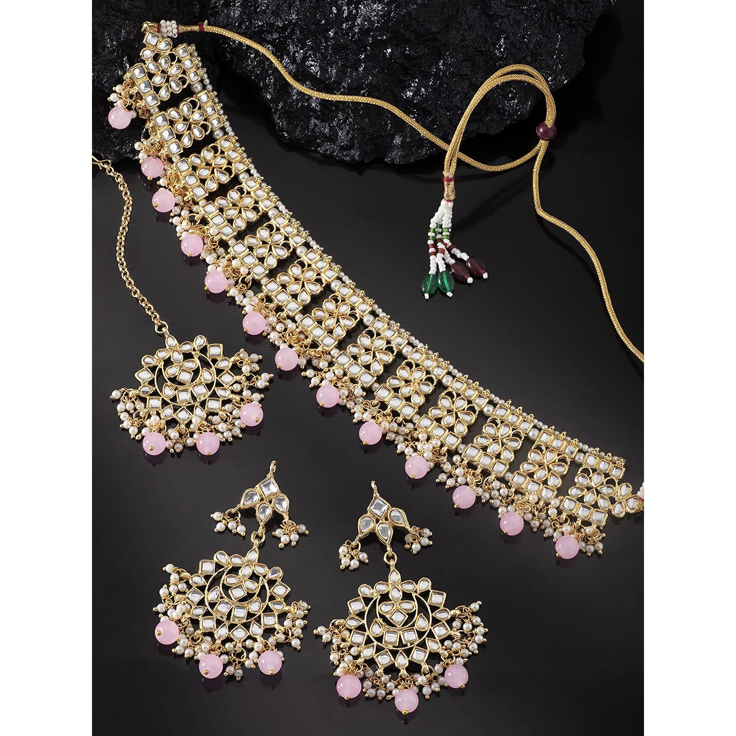 Peora Ethnic Indian Traditional Jewellery 18K Gold Plated Kundan Necklace Earring Mang Tikka Set for Women Girls (Pink)