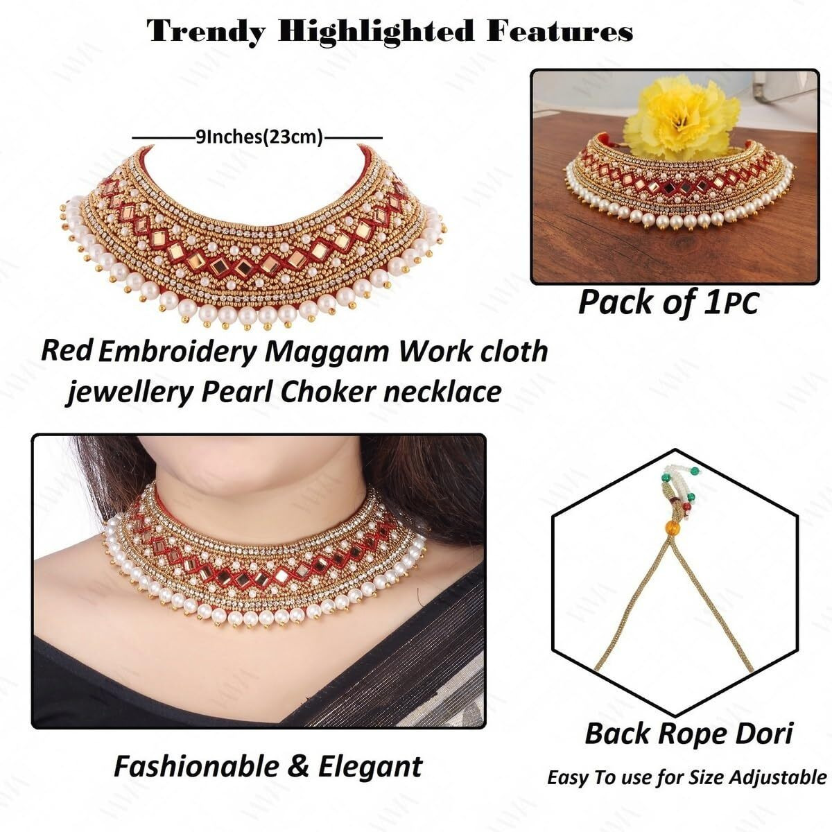 VAMA Fashions Red Zardosi Embroidery Thread Work Kapada cloth necklace jewellery Collar Neck choker set for Girls & Women