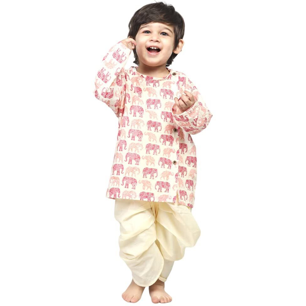 POLKA TOTS Boys Cotton Angrakha Kurta Dhoti Pant Set | Elephant Design Traditional Ethnic wear for Kids, Red (6-9 Months)