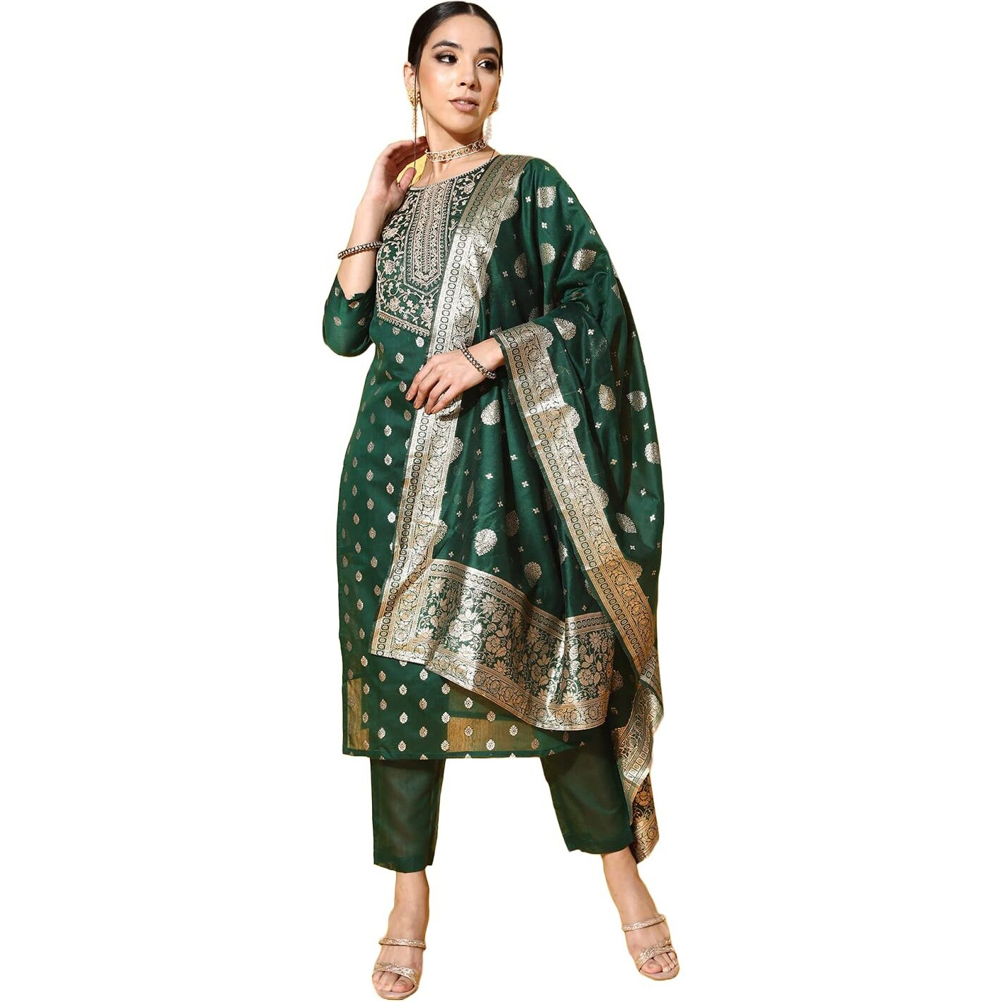 arriva fab Women's Chanderi Silk Embroidered Kurta Set with Jacquard Duppata (AR7092-L) Green