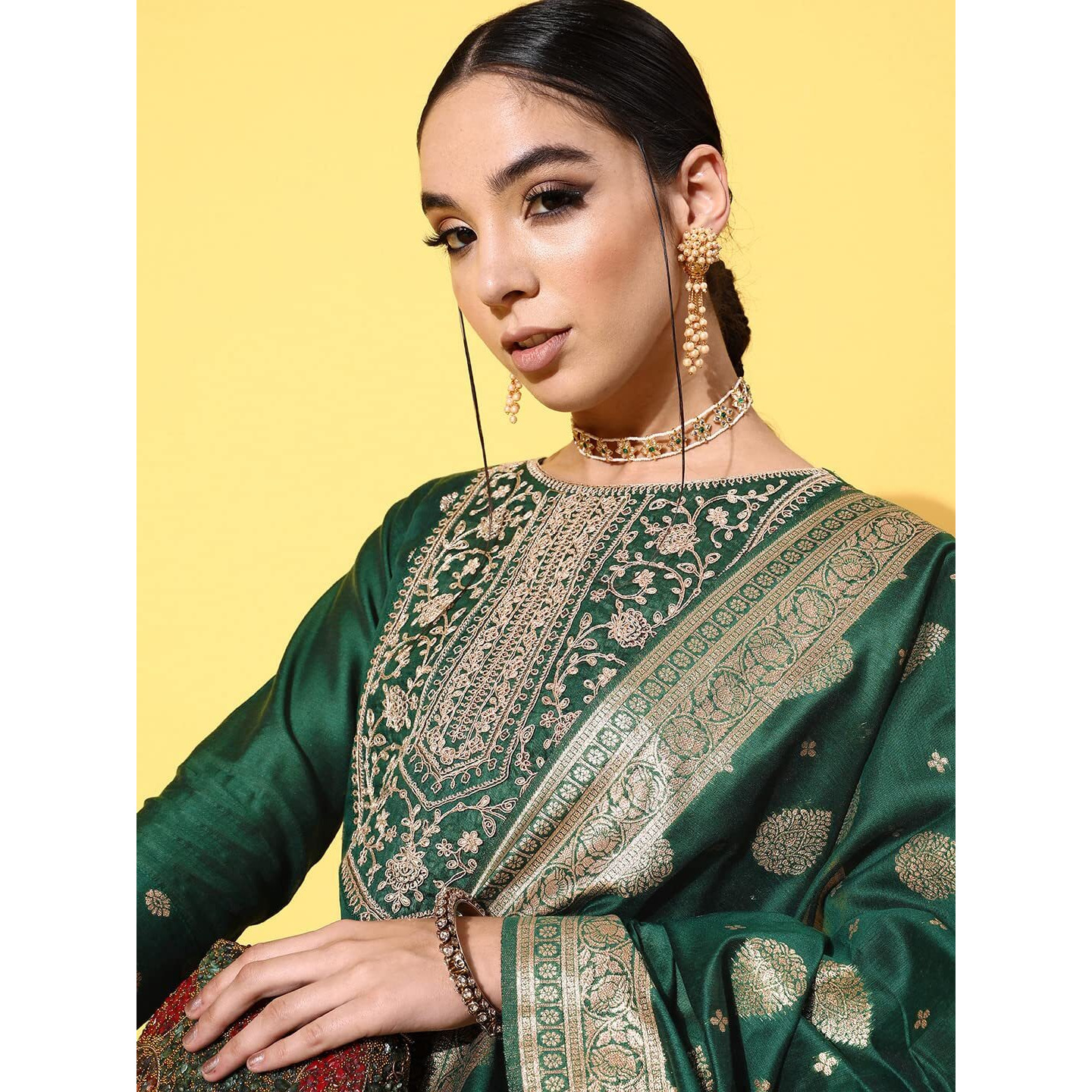 arriva fab Women's Chanderi Silk Embroidered Kurta Set with Jacquard Duppata (AR7092-L) Green