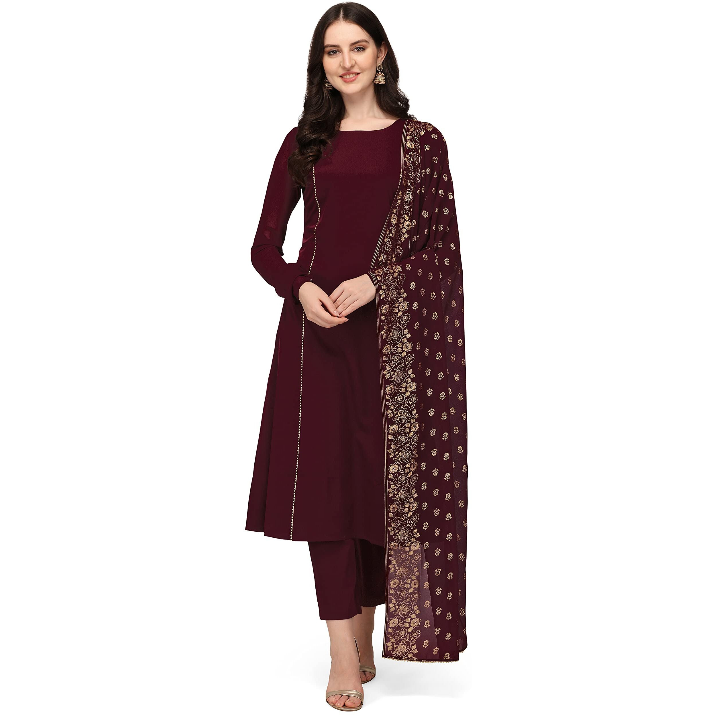 FIORRA Women's Maroon Poly Crepe Straight Kurta with Pant and Dupatta SET0058-M