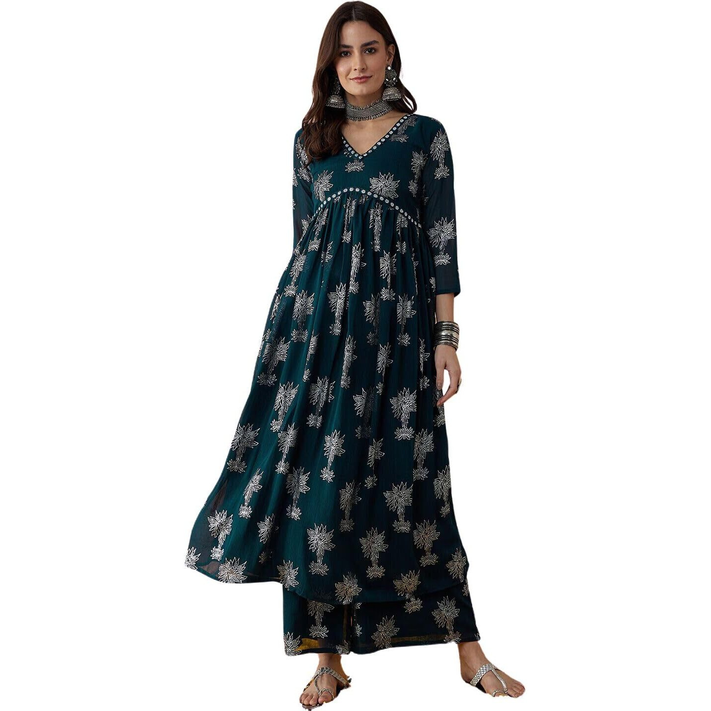 rytras Women's Printed Alia Cut Kurta and Palazzos Set (Green,3XL)