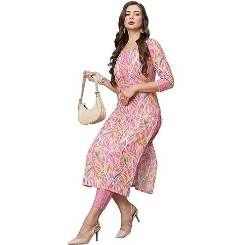 GoSriKi Women's Cotton Blend Floral Straight Kurta with Pant (Pahal-GS_Pink_XL)