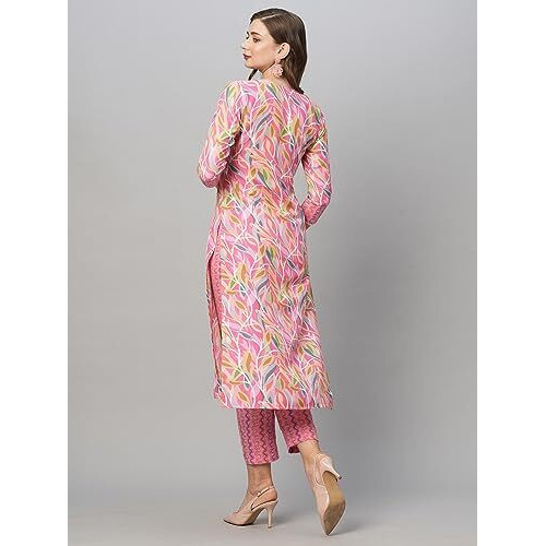 GoSriKi Women's Cotton Blend Floral Straight Kurta with Pant (Pahal-GS_Pink_XL)