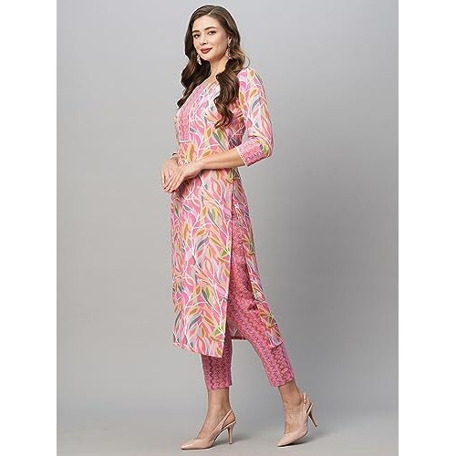 GoSriKi Women's Cotton Blend Floral Straight Kurta with Pant (Pahal-GS_Pink_XL)