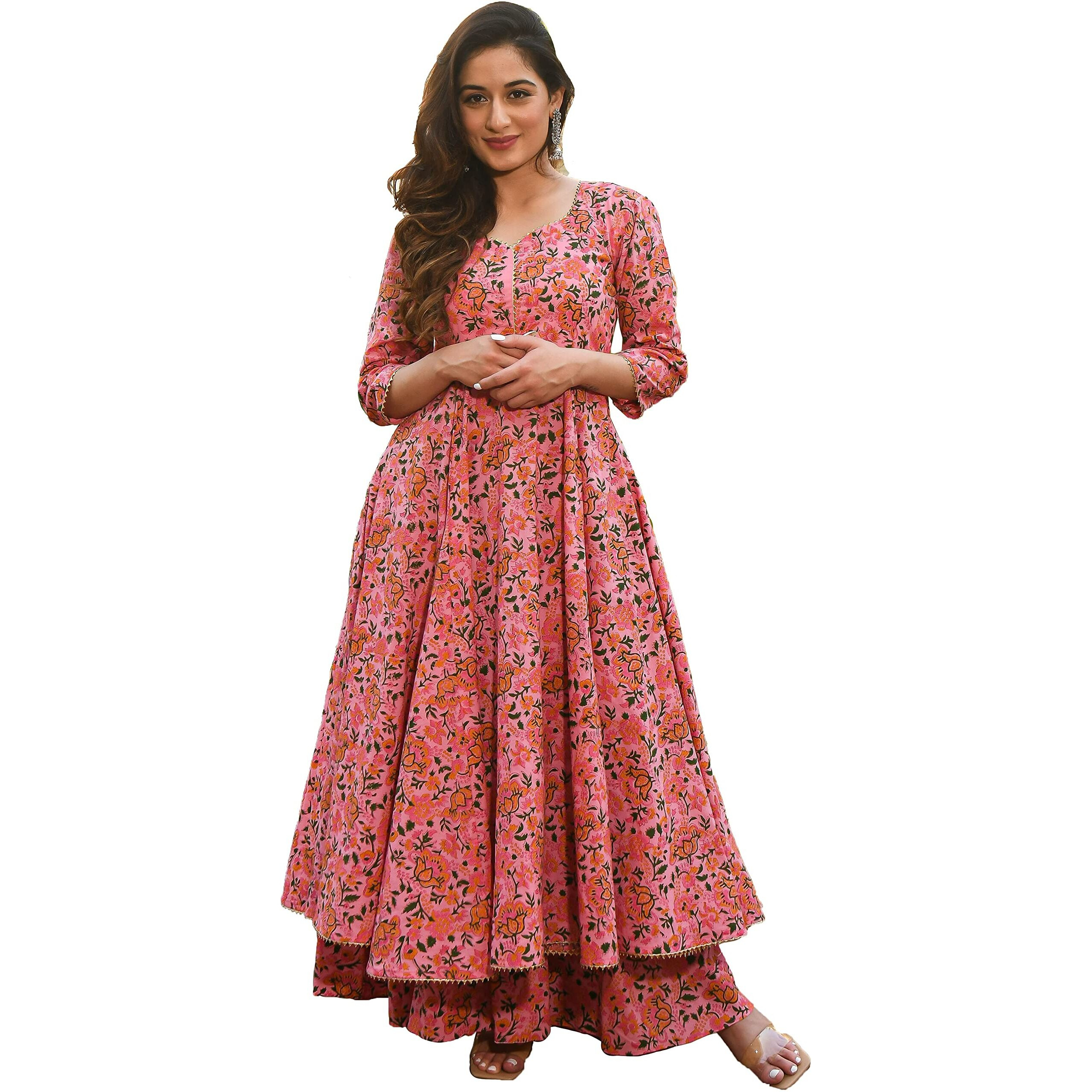 Arayna Women's Cotton Printed Anarkali Kurti with Palazzo Pants Set, Floral (Medium) Pink